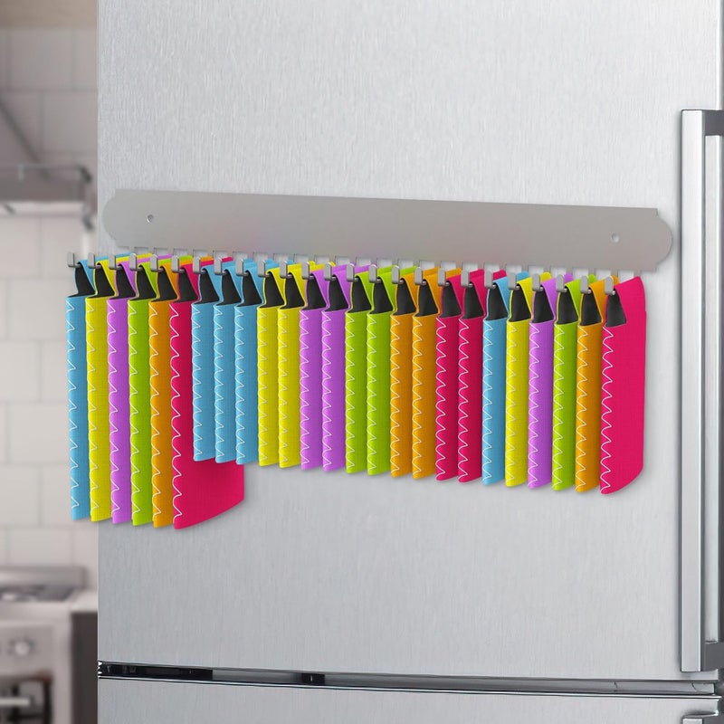 FIPUTE Can Cooler Sleeves Holder Magnetic for Fridge/Wall Mounted, 25 Hooks Metal Beer Can Sleeves Storage Organizer and Dispenser, Gifts for Men Dad, Home Bars (1PACK-SILVER) - Image 1